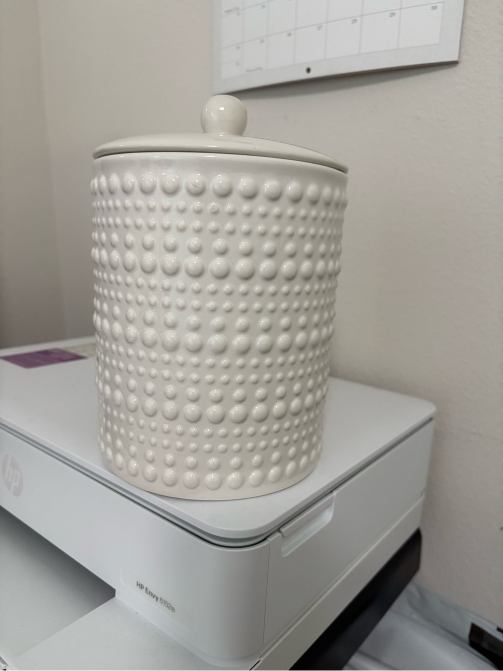 Hobby Lobby Ceramic White  Hobnail Cookie Jar cylinder Cannister w/lid 7 x 6 in